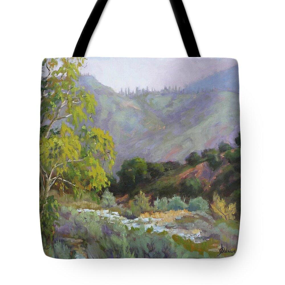 Landscape Tote Bag featuring the painting Spring Sycamore by Sharon Weaver
