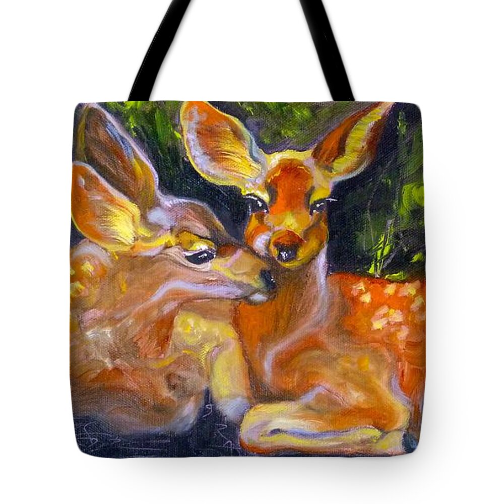 Fawn Tote Bag featuring the painting Spring Twins 2 by Susan A Becker