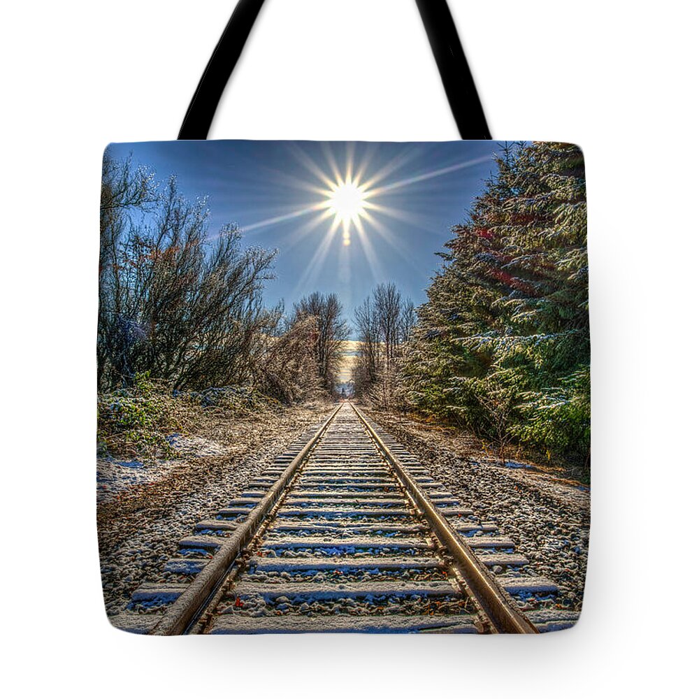 Rail Road Tracks Tote Bag featuring the photograph Springhetti Railroad Tracks by Spencer McDonald
