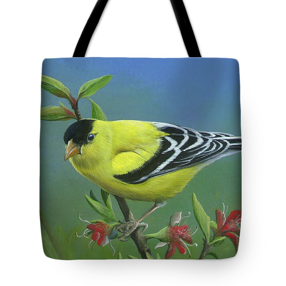 American Goldfinch Paintings Tote Bag featuring the painting Spring's Return by Mike Brown