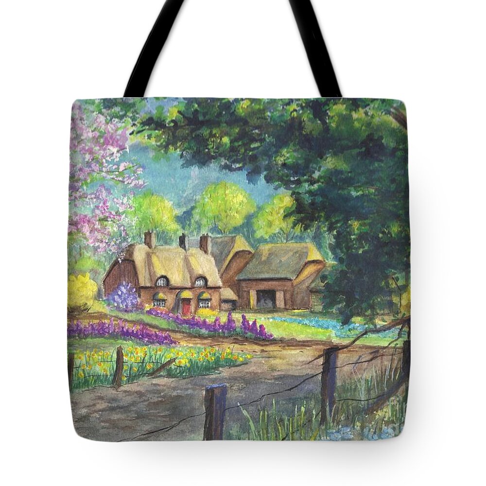 Hand Painted Tote Bag featuring the painting Springtime Cottage by Carol Wisniewski