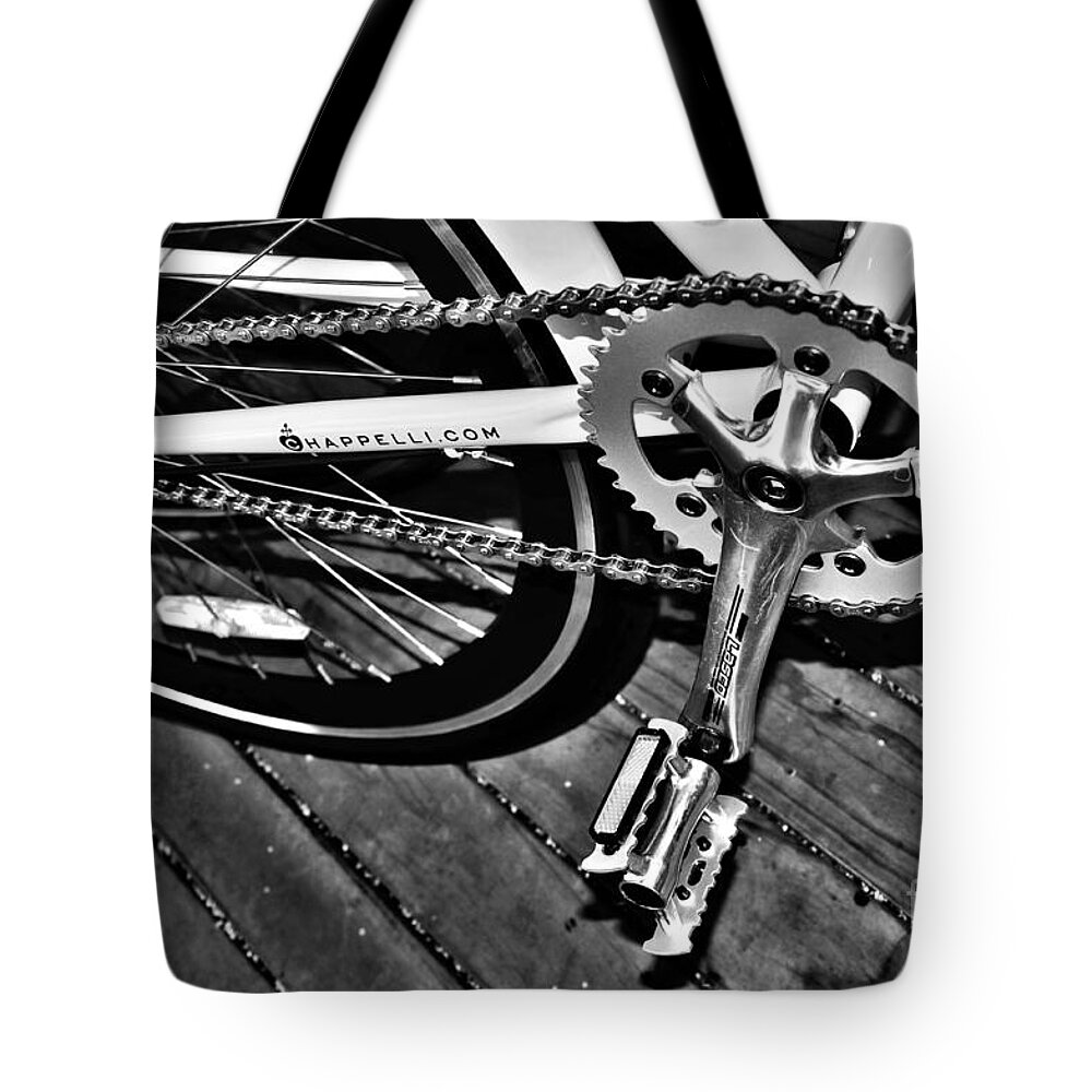 Photography Tote Bag featuring the photograph Sprocket and Chain - Black and White by Kaye Menner