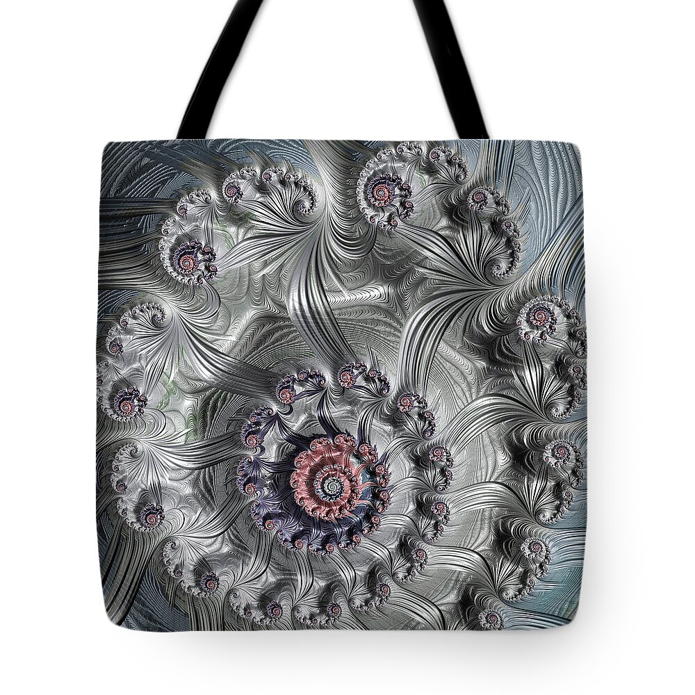 Silver Tote Bag featuring the digital art Square format abstract fractal spiral art by Matthias Hauser