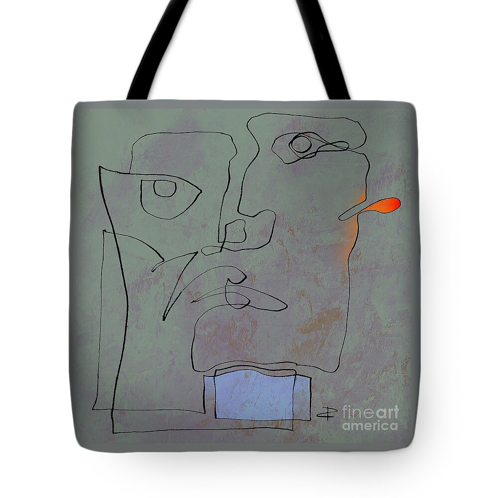 Red Ear Tote Bag featuring the painting Squigglehead with blue scarf and red ear by Paul Davenport