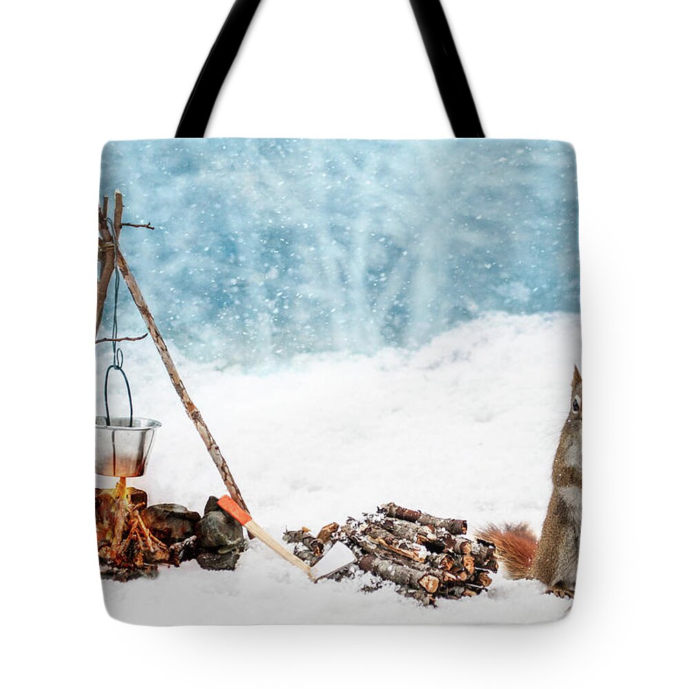 Hanging Tote Bag featuring the photograph Squirrel And Campfire In The Snow by Nancy Rose