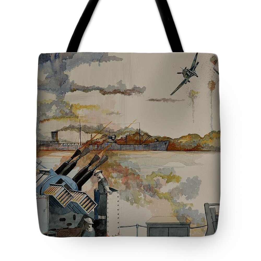 Wwii Tote Bag featuring the painting SS Ohio II by Ray Agius