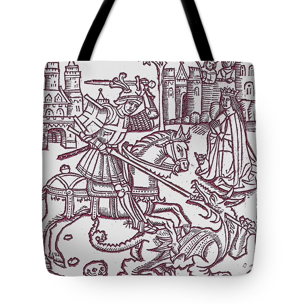 St. George Tote Bag featuring the digital art St. George - Woodcut by John Madison