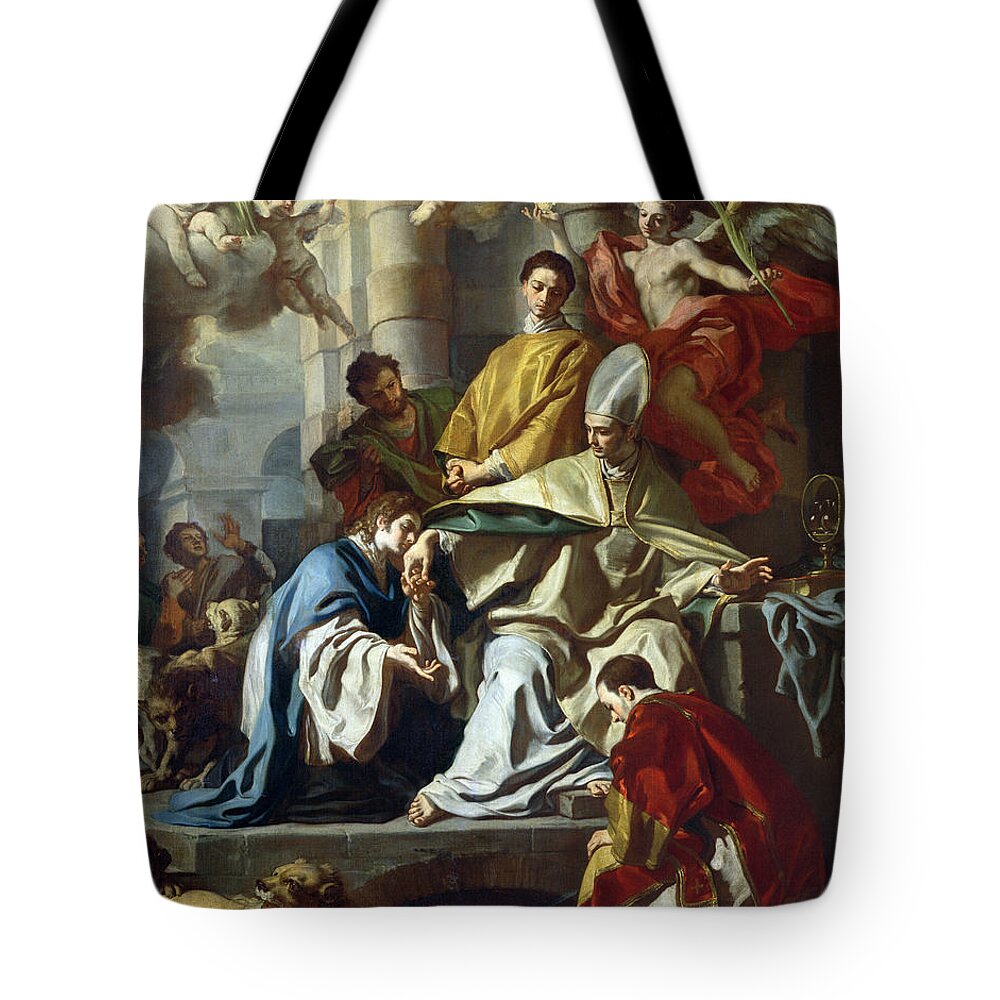 Solimena Tote Bag featuring the painting Saint Januarius Visited In Prison By Proculus And Sosius by Francesco Solimena