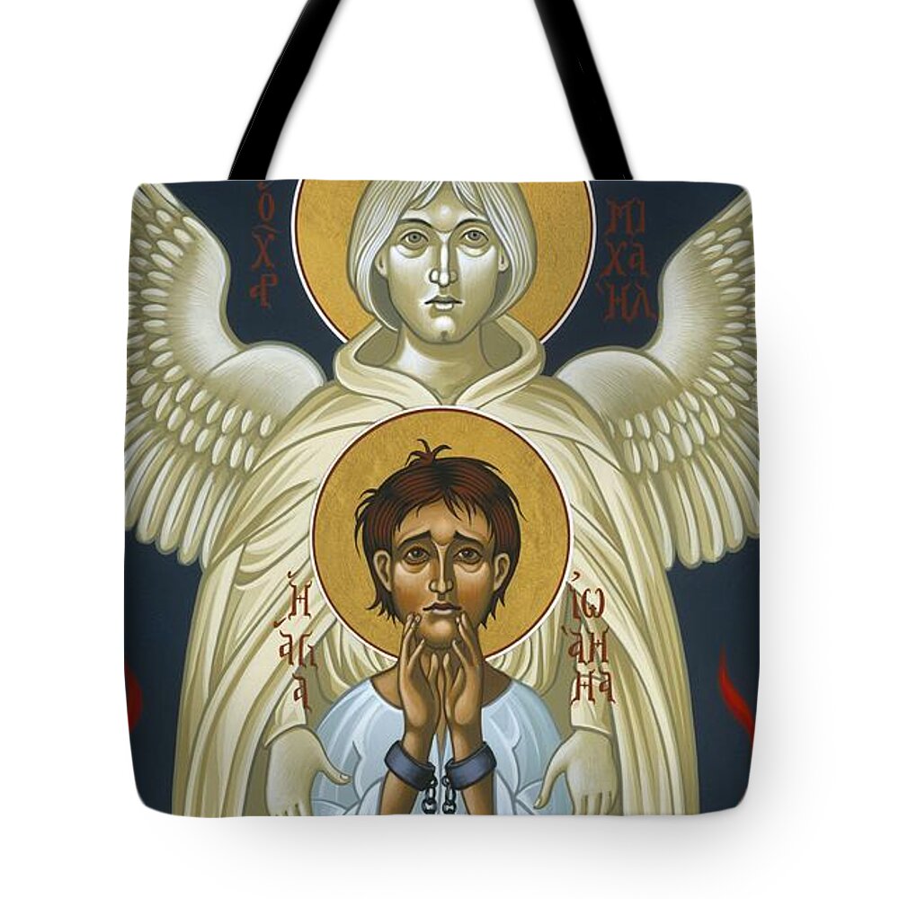 St. Joan Of Arc Tote Bag featuring the painting St. Joan of Arc with St. Michael the Archangel 042 by William Hart McNichols