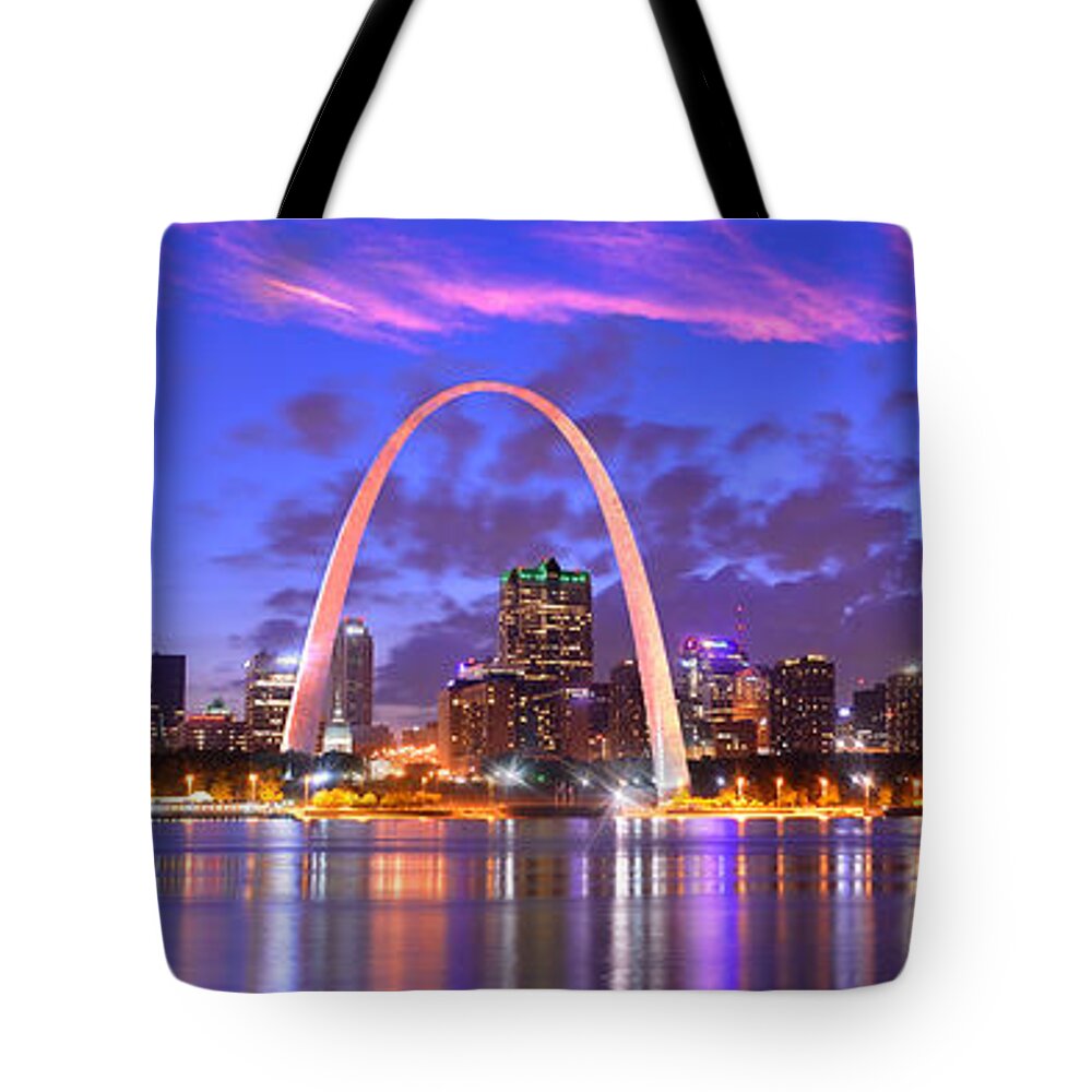 St. Louis Skyline Tote Bag featuring the photograph St. Louis Skyline at Dusk Gateway Arch Color Panorama Missouri by Jon Holiday