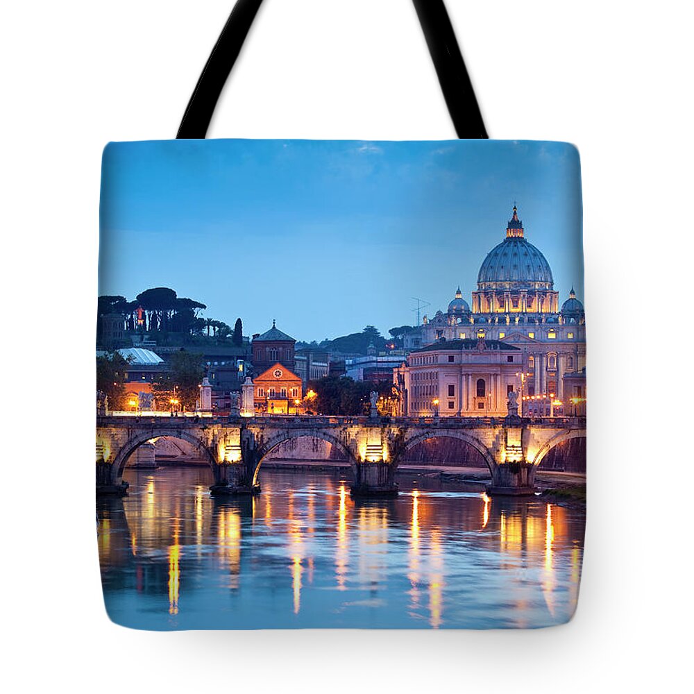 Arch Tote Bag featuring the photograph St Peters Basilica And Pont Santangelo by Richard I'anson