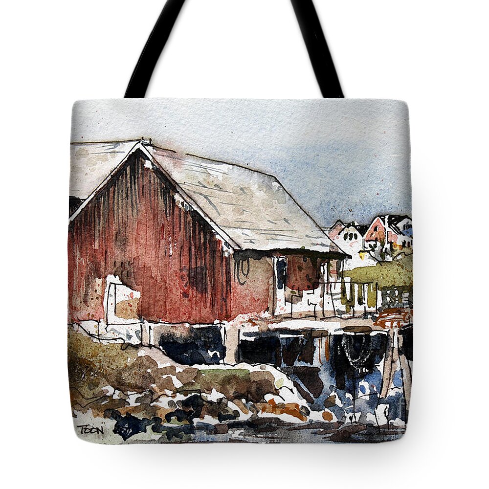 A Fisherman's Rustic Workshop At Peggy's Cove Tote Bag featuring the painting Stage At Peggys Cove by Monte Toon