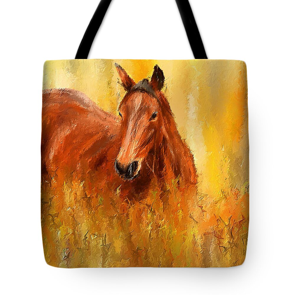 Bay Horse Paintings Tote Bag featuring the painting Stallion in Autumn - Bay Horse Paintings by Lourry Legarde