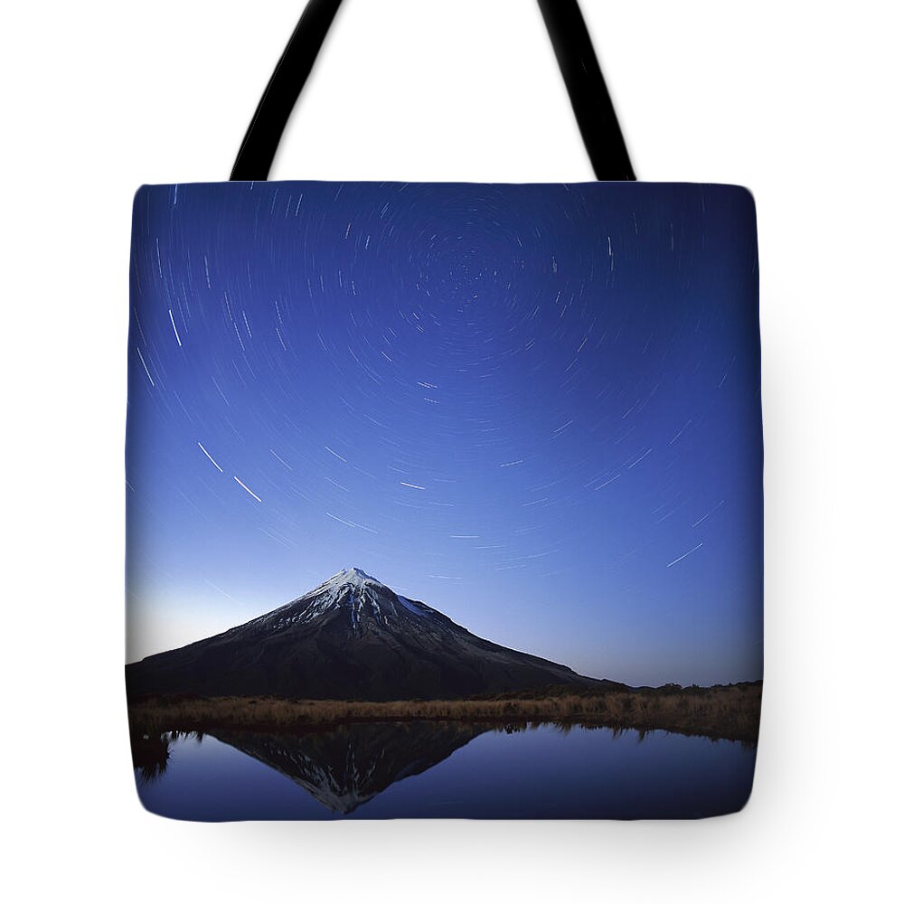 Feb0514 Tote Bag featuring the photograph Star Trails Over Mt Taranaki New Zealand by Harley Betts