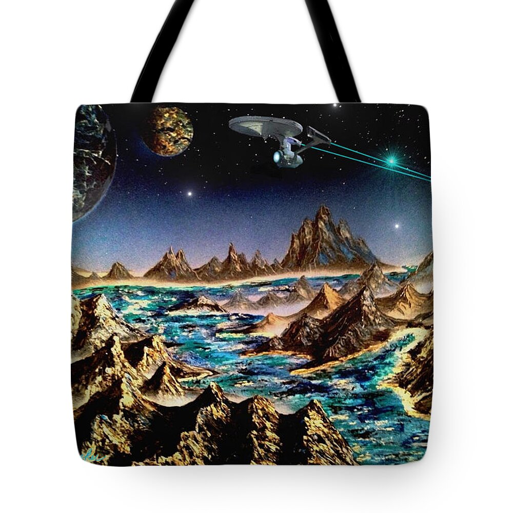 Star Trek Tote Bag featuring the painting Star Trek - Orbiting Planet by Michael Rucker