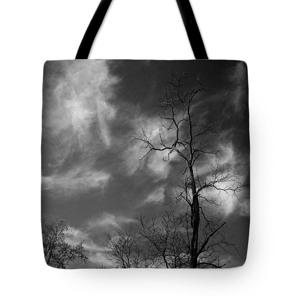 B&w Tote Bag featuring the photograph Stark April Sky by Cynthia Clark