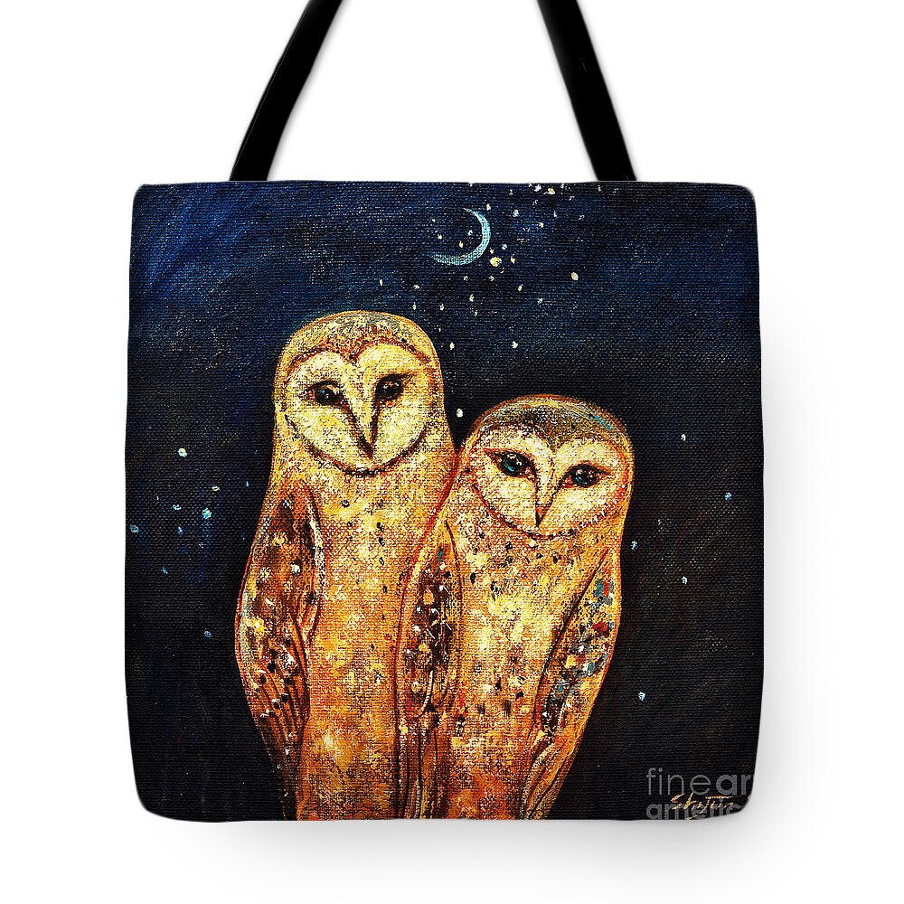 Owl Tote Bag featuring the painting Starlight Owls by Shijun Munns