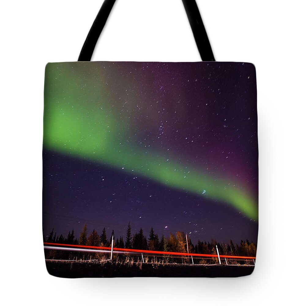 Tranquility Tote Bag featuring the photograph Starry Aurora Borealis by © Copyright 2011 Sharleen Chao