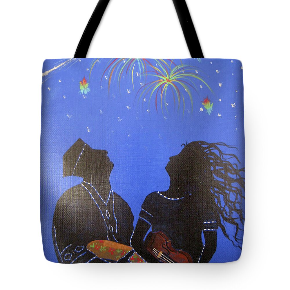 Fireworks Tote Bag featuring the painting Starry Night by Gloria E Barreto-Rodriguez