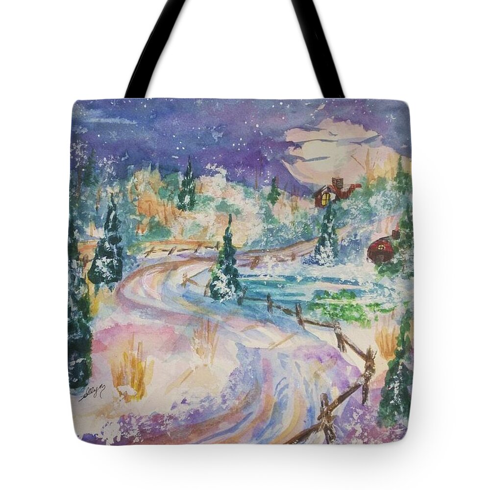 Winter Wonderland Tote Bag featuring the painting Starry Night in a Winter Wonderland by Ellen Levinson