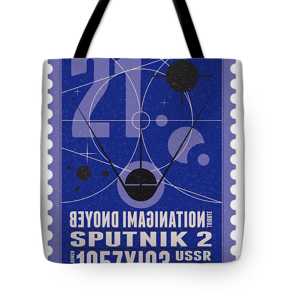 Minimal Tote Bag featuring the digital art Starschips 21- poststamp - Sputnik 2 by Chungkong Art