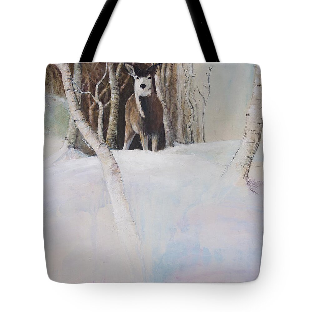 Mule Deer Tote Bag featuring the painting Startled Morning by Robert Corsetti