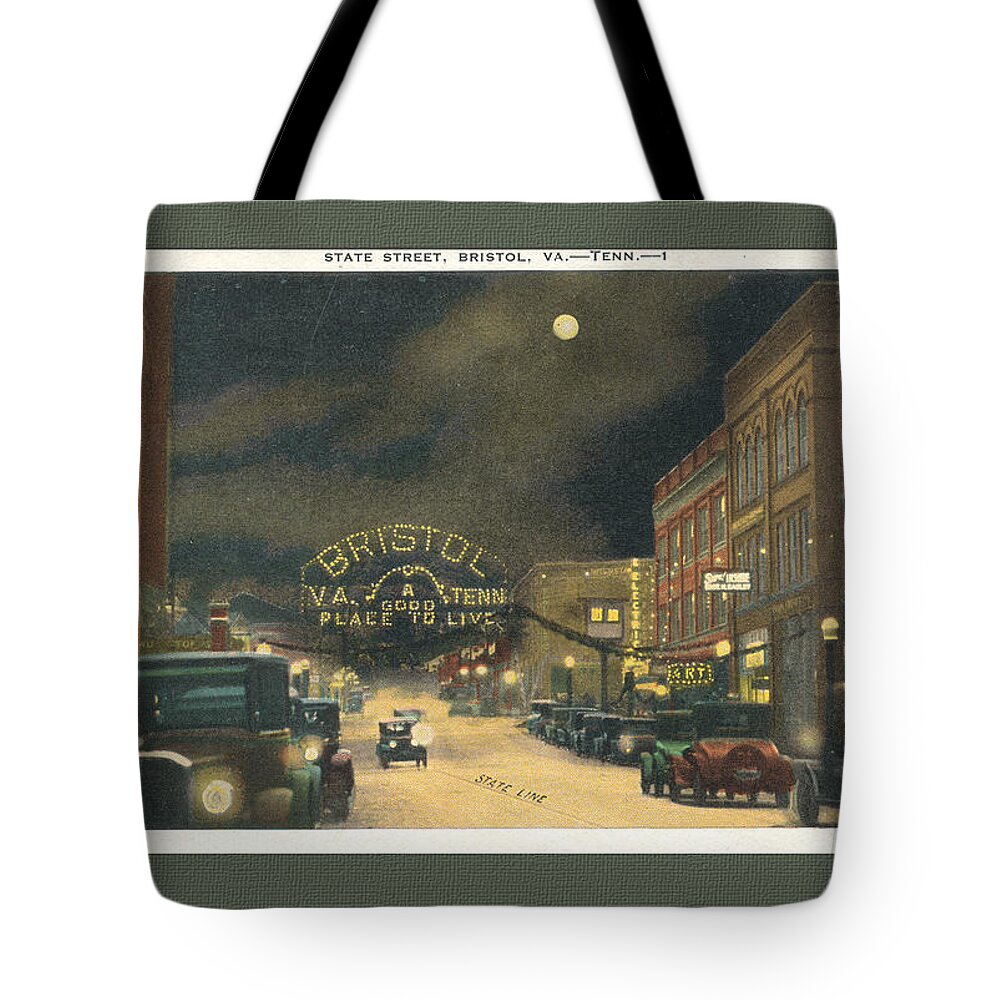 Bristol Tote Bag featuring the digital art State Street Bristol Va TN at night by Denise Beverly
