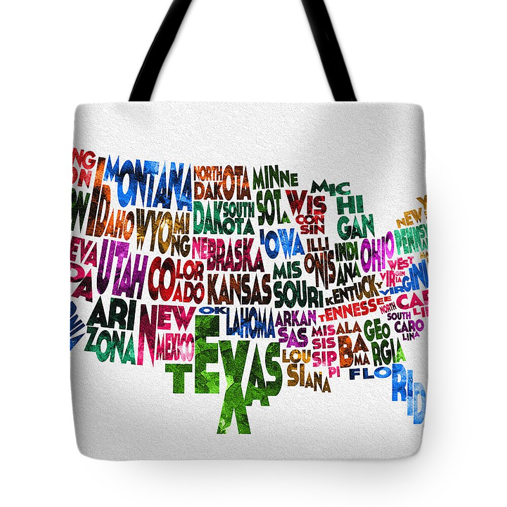 United States Tote Bag featuring the painting States of United States Typographic Map by Inspirowl Design