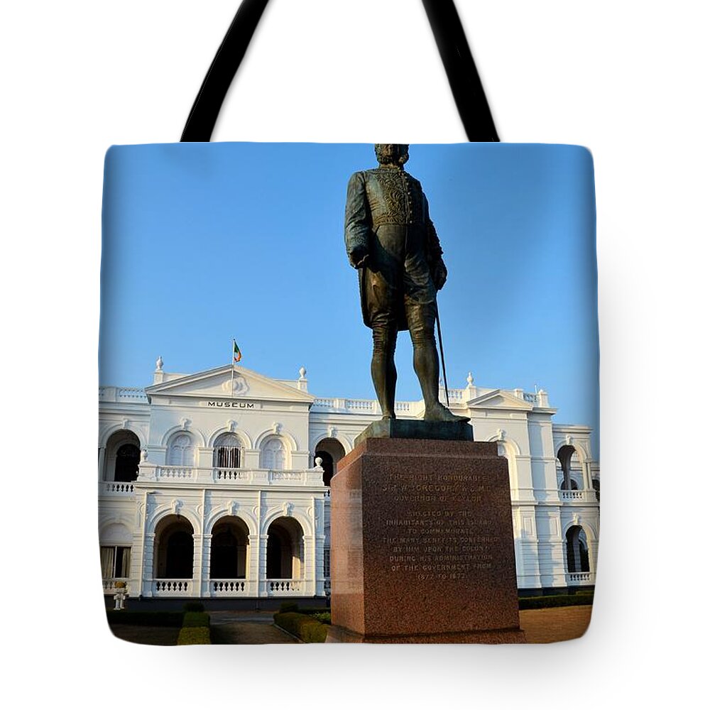 Statue Tote Bag featuring the photograph Statue of Gregory outside National Museum Colombo Sri Lanka by Imran Ahmed