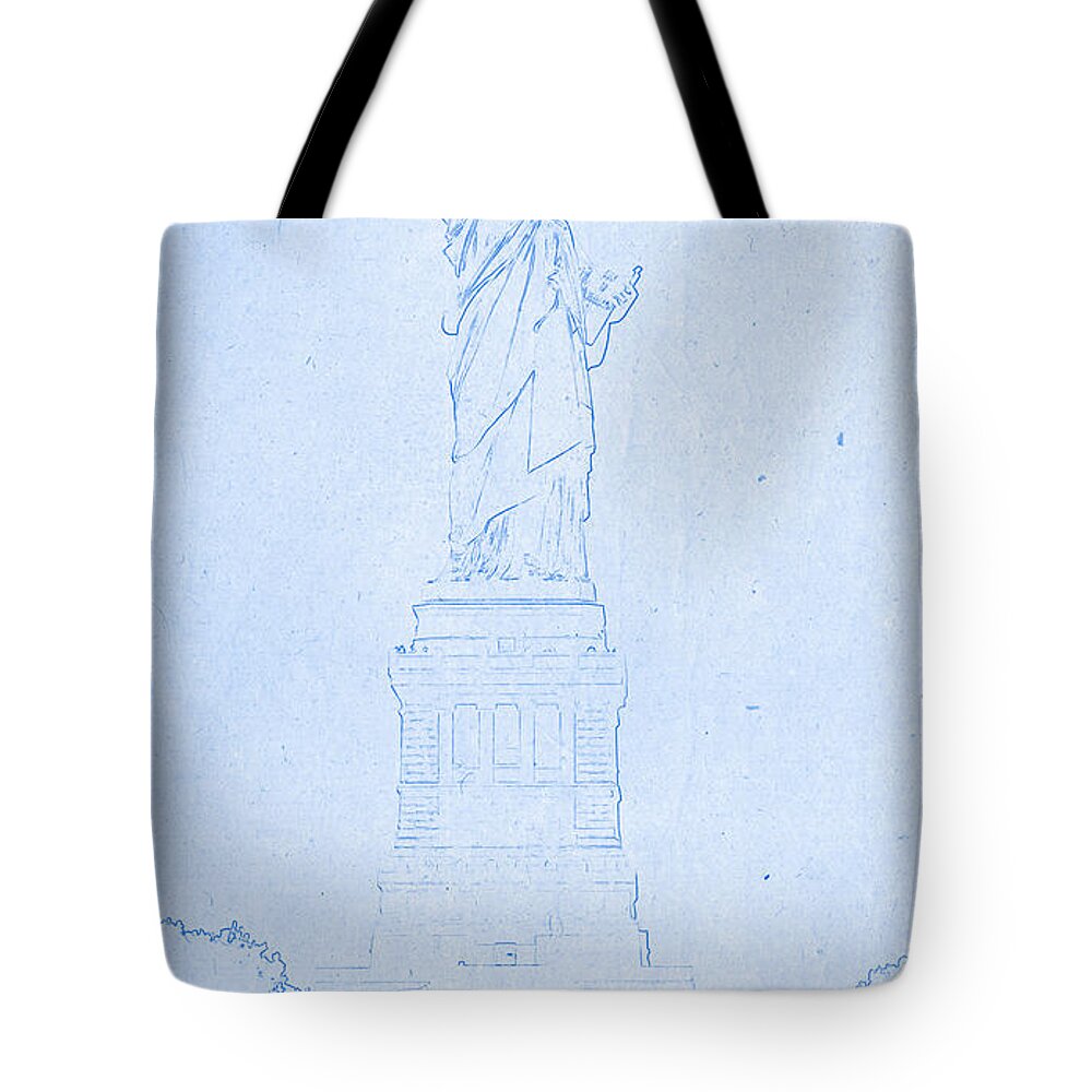 Statue Of Liberty - Blueprint Drawing Tote Bag featuring the digital art Statue of Liberty - BluePrint Drawing by MotionAge Designs