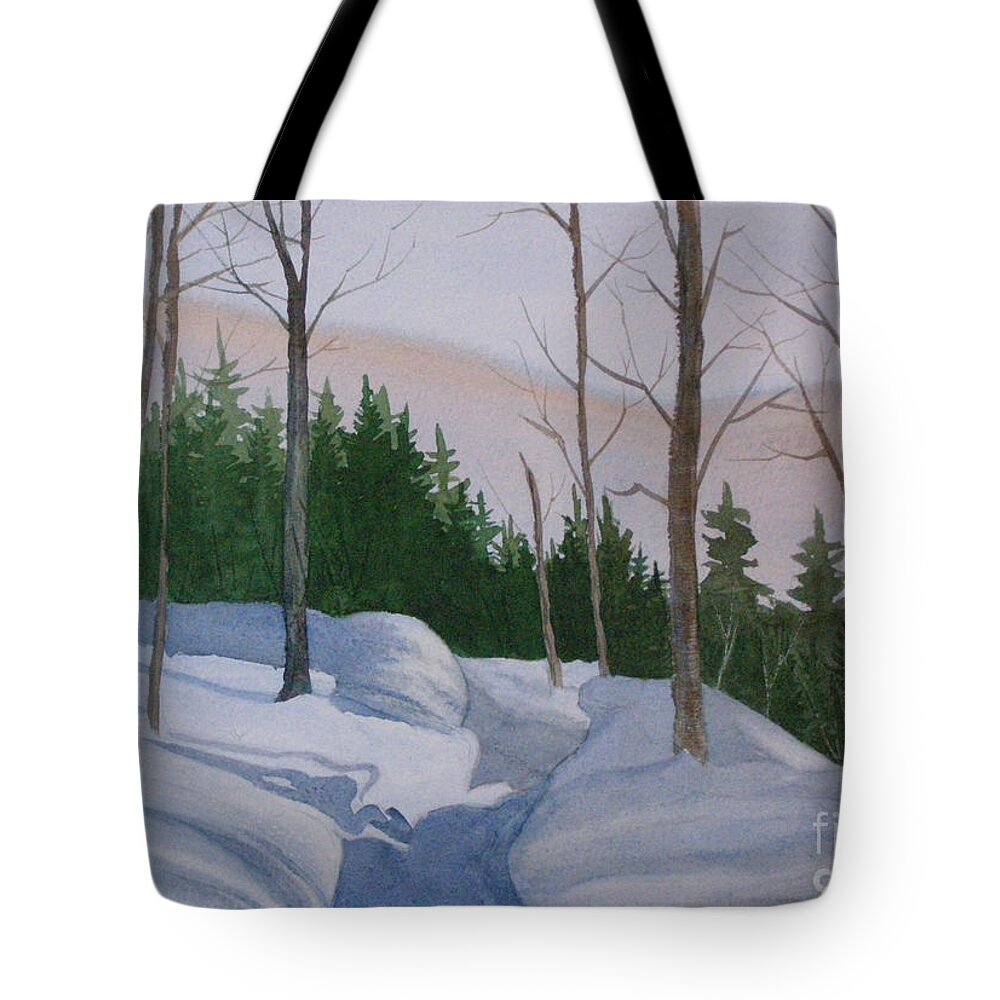Snow Scene Tote Bag featuring the painting Stay On The Path by Lynn Quinn