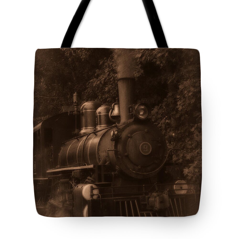 Steam Engine Train Tote Bag featuring the photograph Steam engine train sepia by Flees Photos