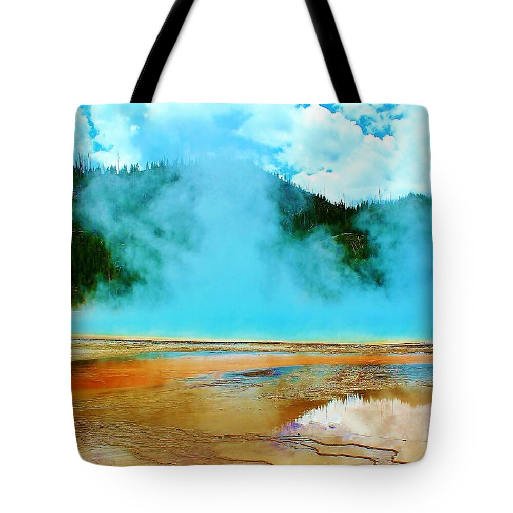 Yellowstone National Park Tote Bag featuring the photograph Steam Rising Up by Catie Canetti