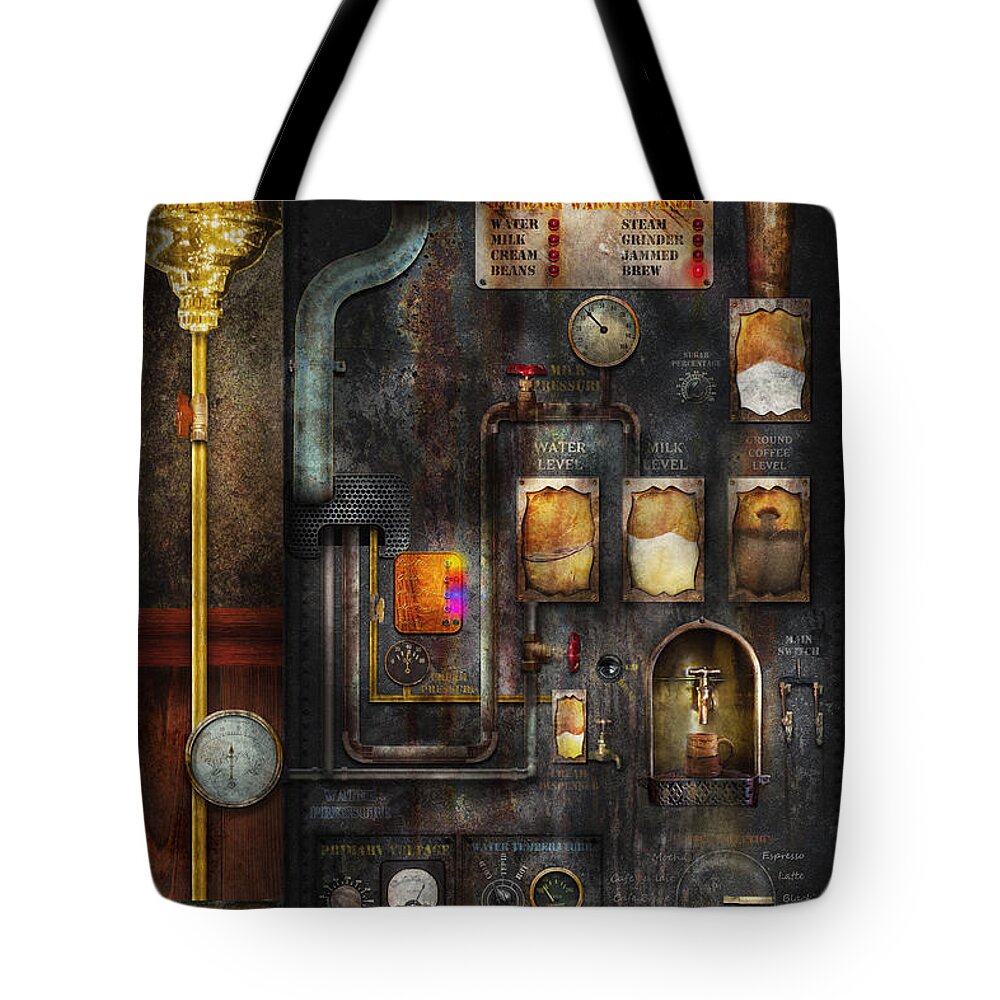 Steampunk Tote Bag featuring the digital art Steampunk - All that for a cup of coffee by Mike Savad