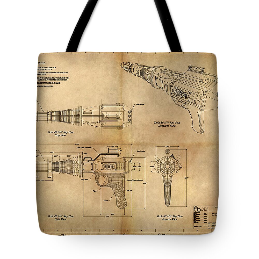 Steampunk; Gears; Housing; Cogs; Machinery; Lathe; Columns; Brass; Copper; Gold; Ratio; Rotation; Elegant; Forge; Industry; Plasma Tote Bag featuring the painting Steampunk Raygun by James Hill