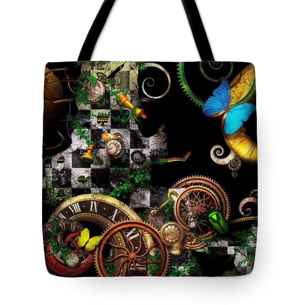Self Tote Bag featuring the digital art Steampunk - Surreal - Mind games by Mike Savad