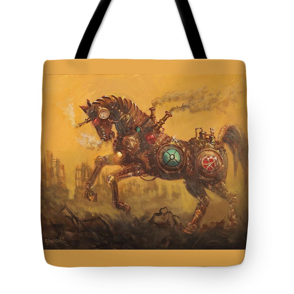 Steampunk Tote Bag featuring the painting Steampunk War Horse by Tom Shropshire