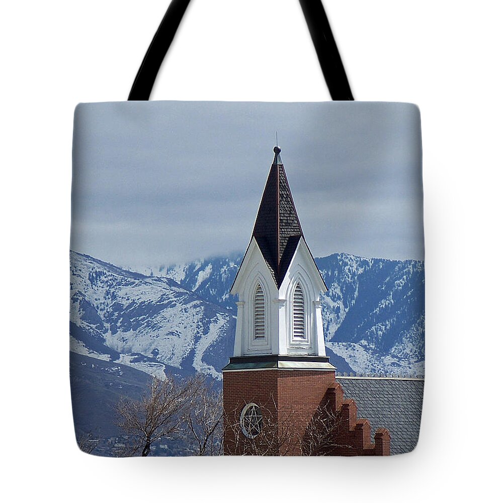 Salt Lake City Tote Bag featuring the photograph Steeple and Mountains by Tikvah's Hope