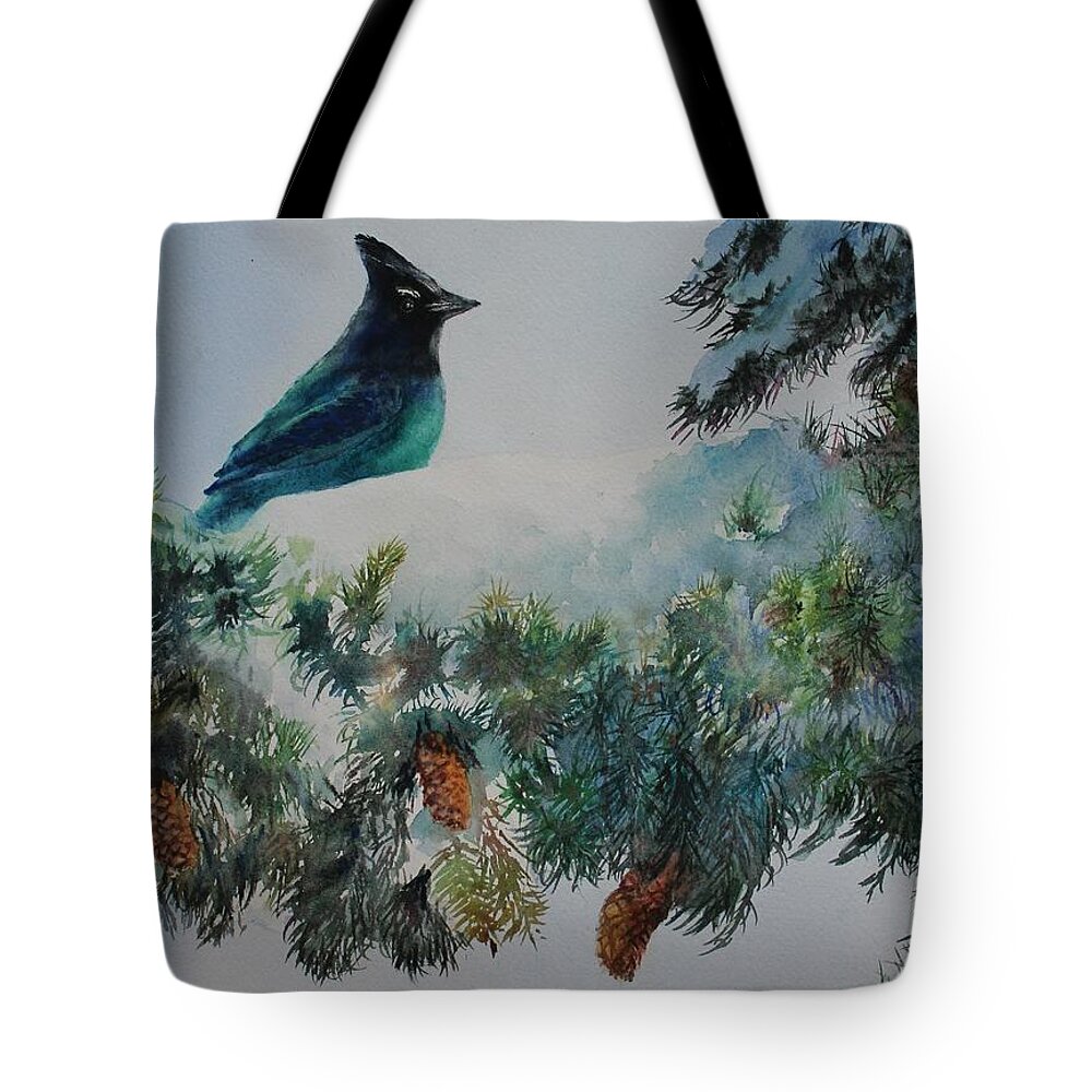 Bird Tote Bag featuring the painting Steller's Jay by Ruth Kamenev