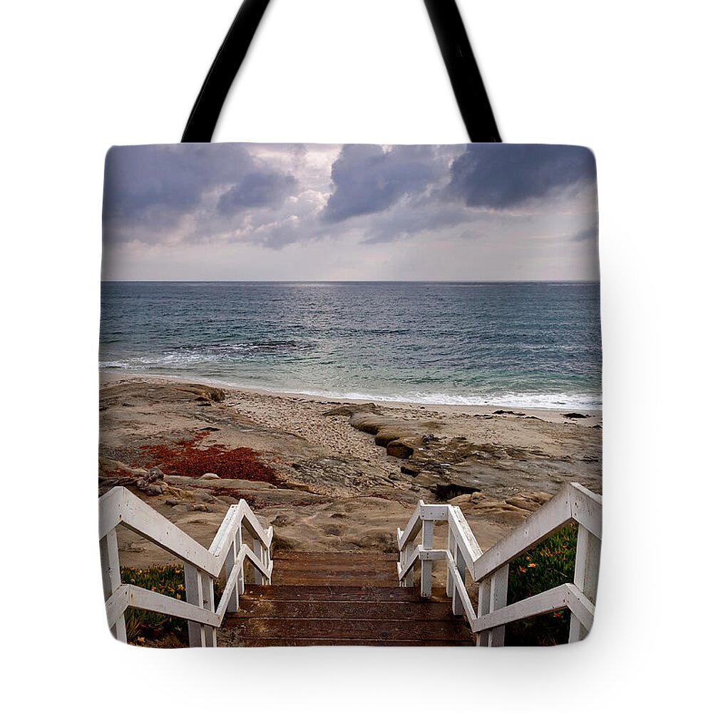 Beach Tote Bag featuring the photograph Steps and Pelicans by Peter Tellone