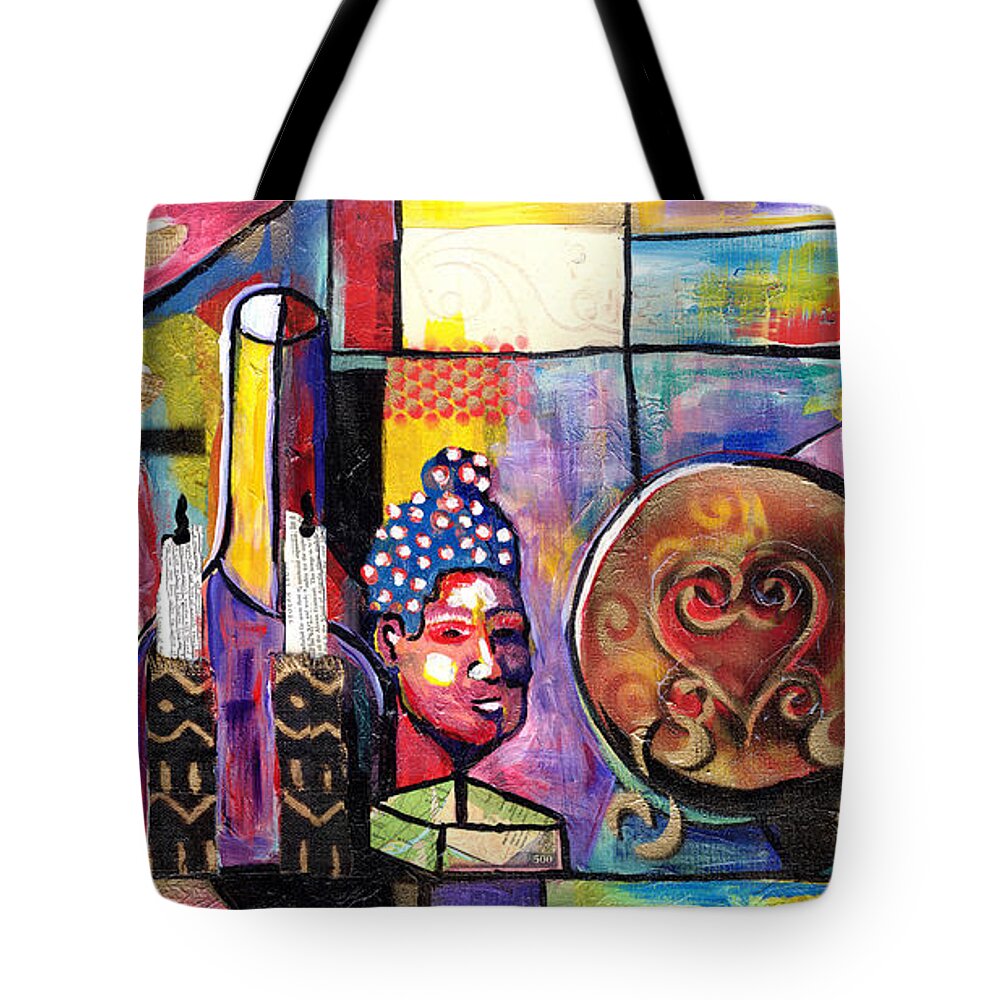 African Mask Tote Bag featuring the painting Still Life / Carols Mantel by Everett Spruill
