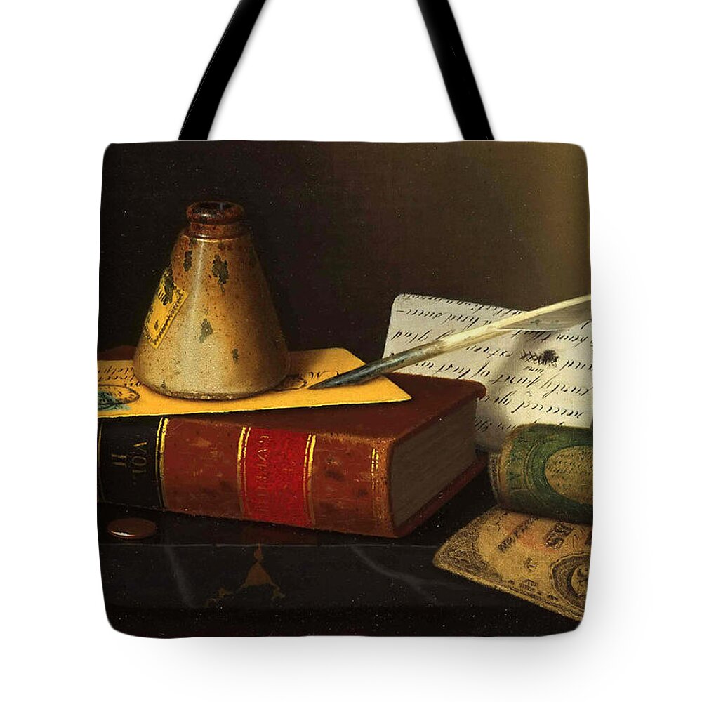 William Michael Harnett Tote Bag featuring the painting Still Life with a Writing Table by William Michael Harnett