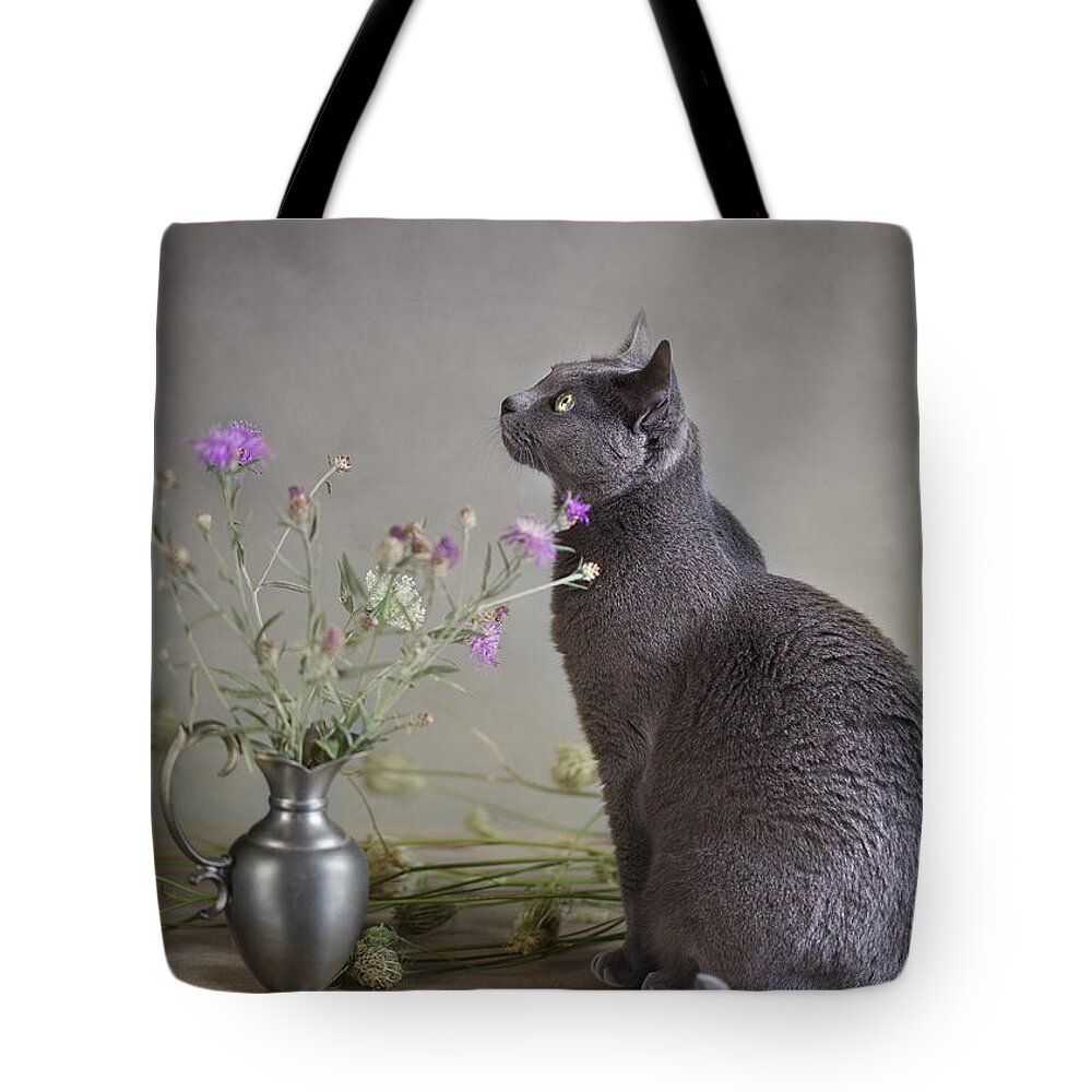 Cat Tote Bag featuring the photograph Still Life with Cat by Nailia Schwarz