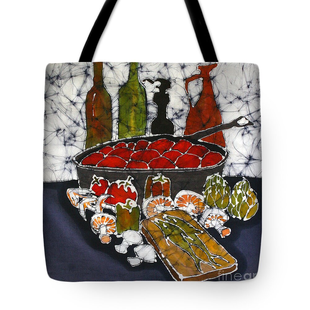 Mushrooms Tote Bag featuring the tapestry - textile Still Life with Garden Bounty and Fish by Carol Law Conklin