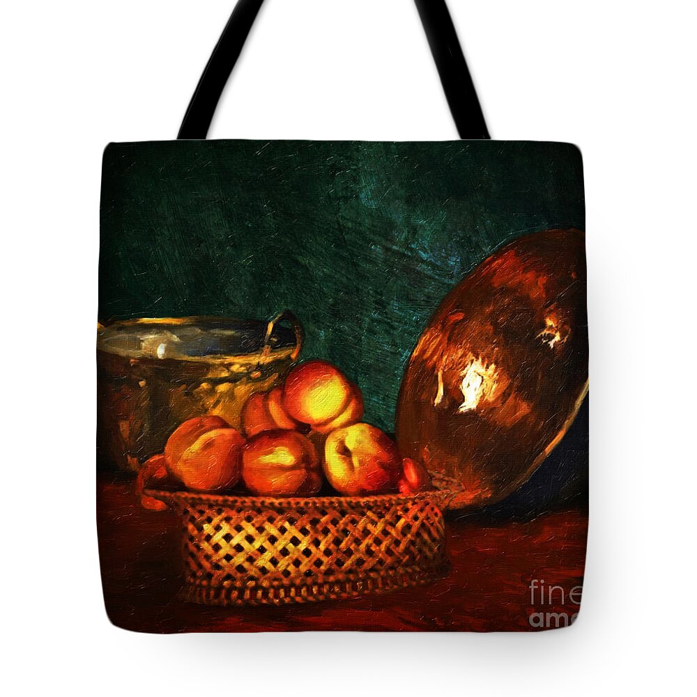 Peaches Tote Bag featuring the digital art Still Life With Peaches and Copper Bowl by Lianne Schneider