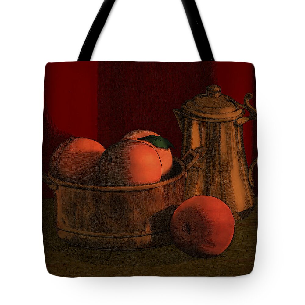 Copper Peaches Fruit Tote Bag featuring the drawing Still Life with Peaches by Meg Shearer