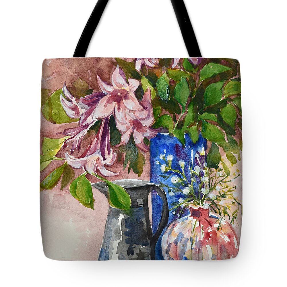 Pink Flowers Tote Bag featuring the painting Asian Pink Lilies by Jyotika Shroff