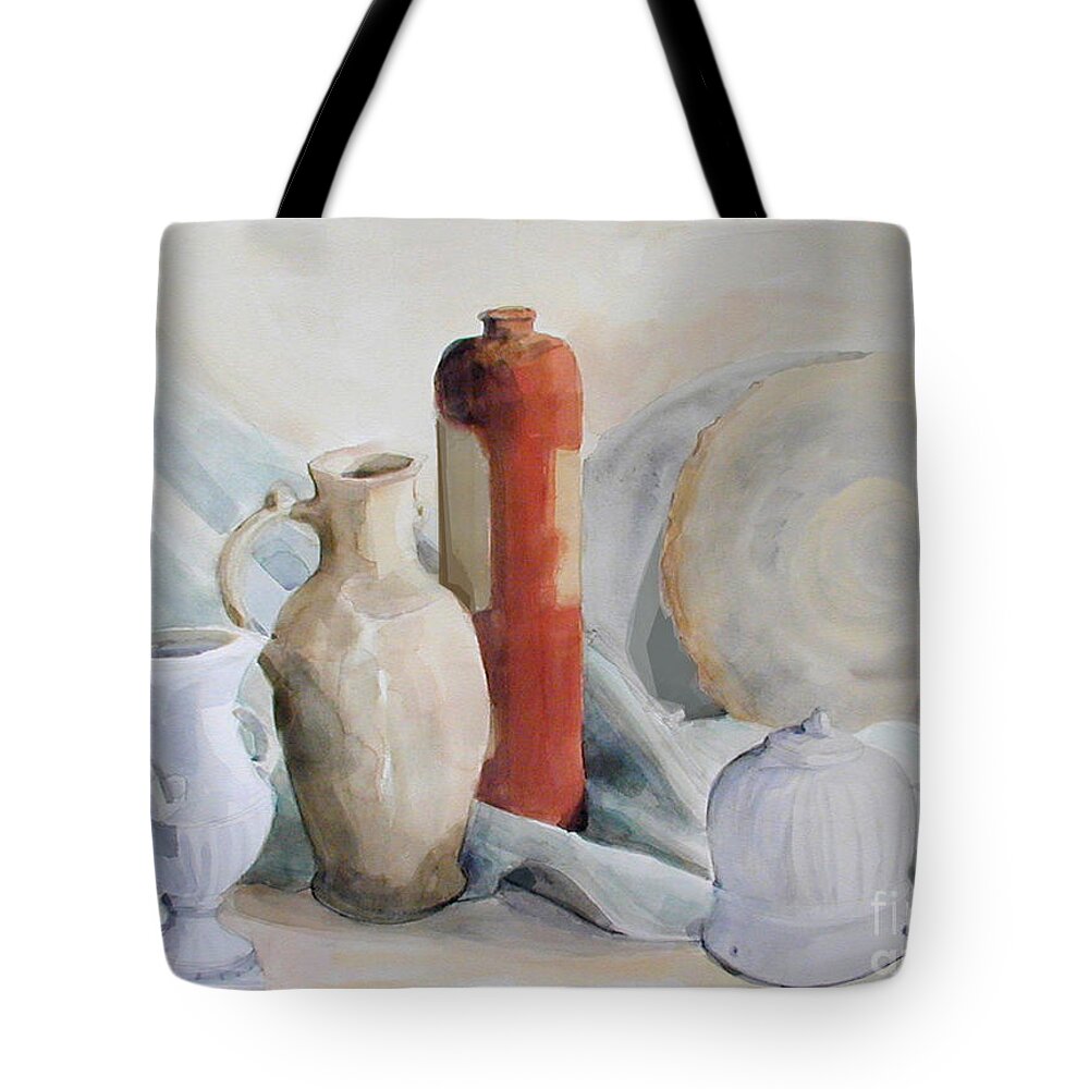 Watercolor Greta Corens Tote Bag featuring the painting Watercolor Still life with Pottery and Stone by Greta Corens