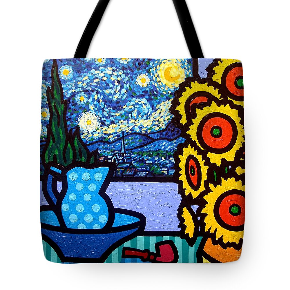 Sunflower Tote Bag featuring the painting Still Life With Starry Night by John Nolan
