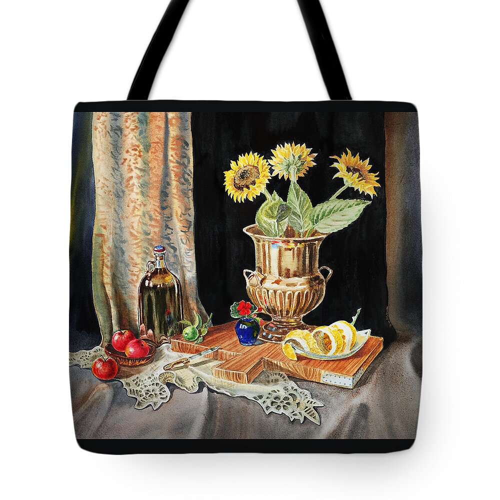 Sunflowers Tote Bag featuring the painting Still Life With Sunflowers Lemon Apples And Geranium by Irina Sztukowski